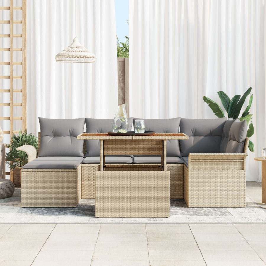 7-Delige Tuin Eetset Met Kussens Beige Poly Rattan Acacia