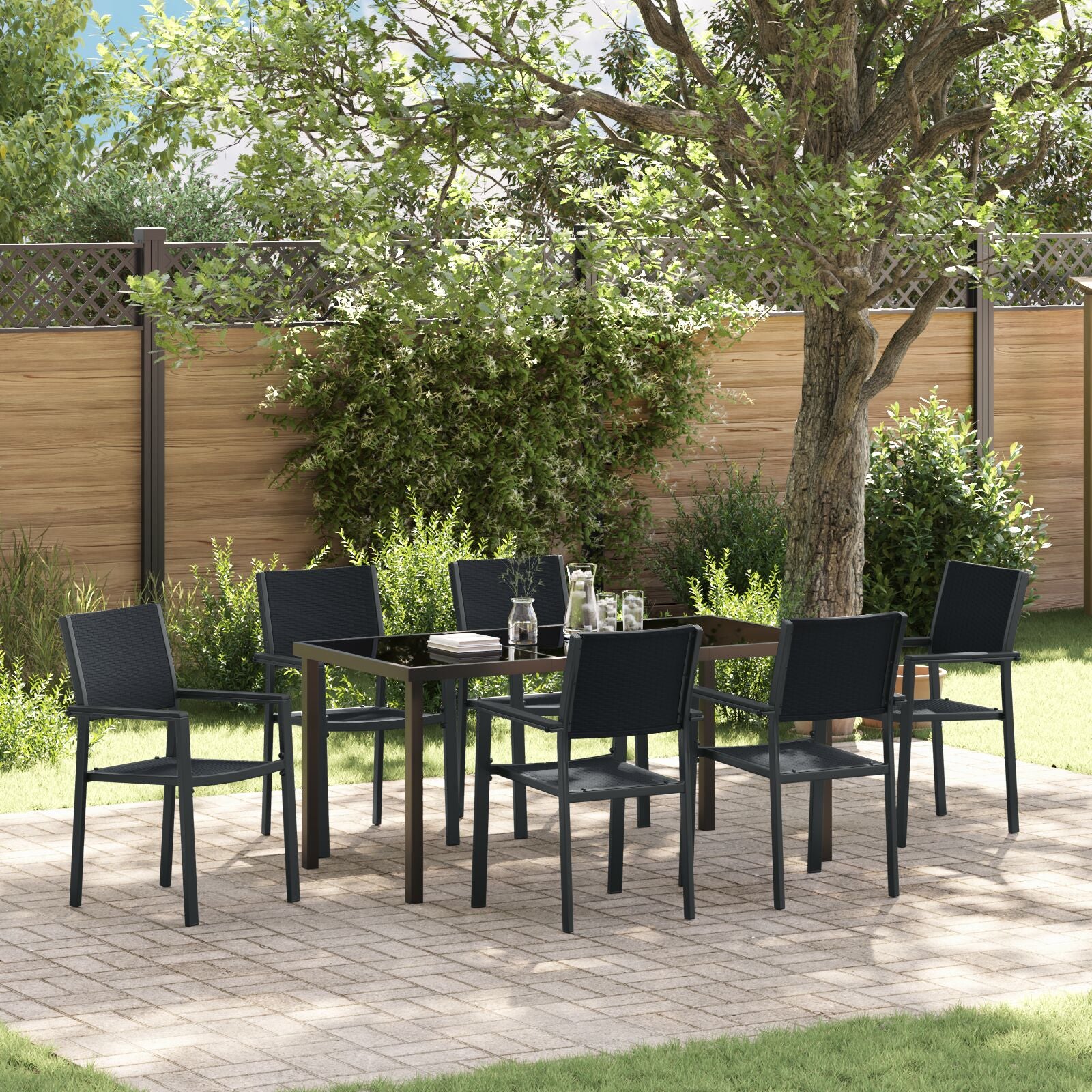 7-Delige Tuin Eetset Zwart Poly Rattan