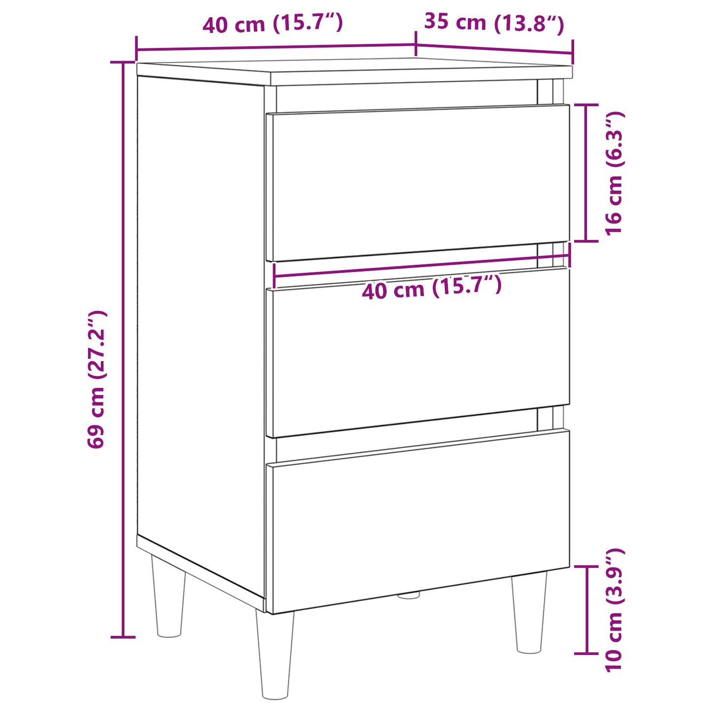 Nachtkastje Met Houten Poot 40X35X69 Cm Zwart eiken
