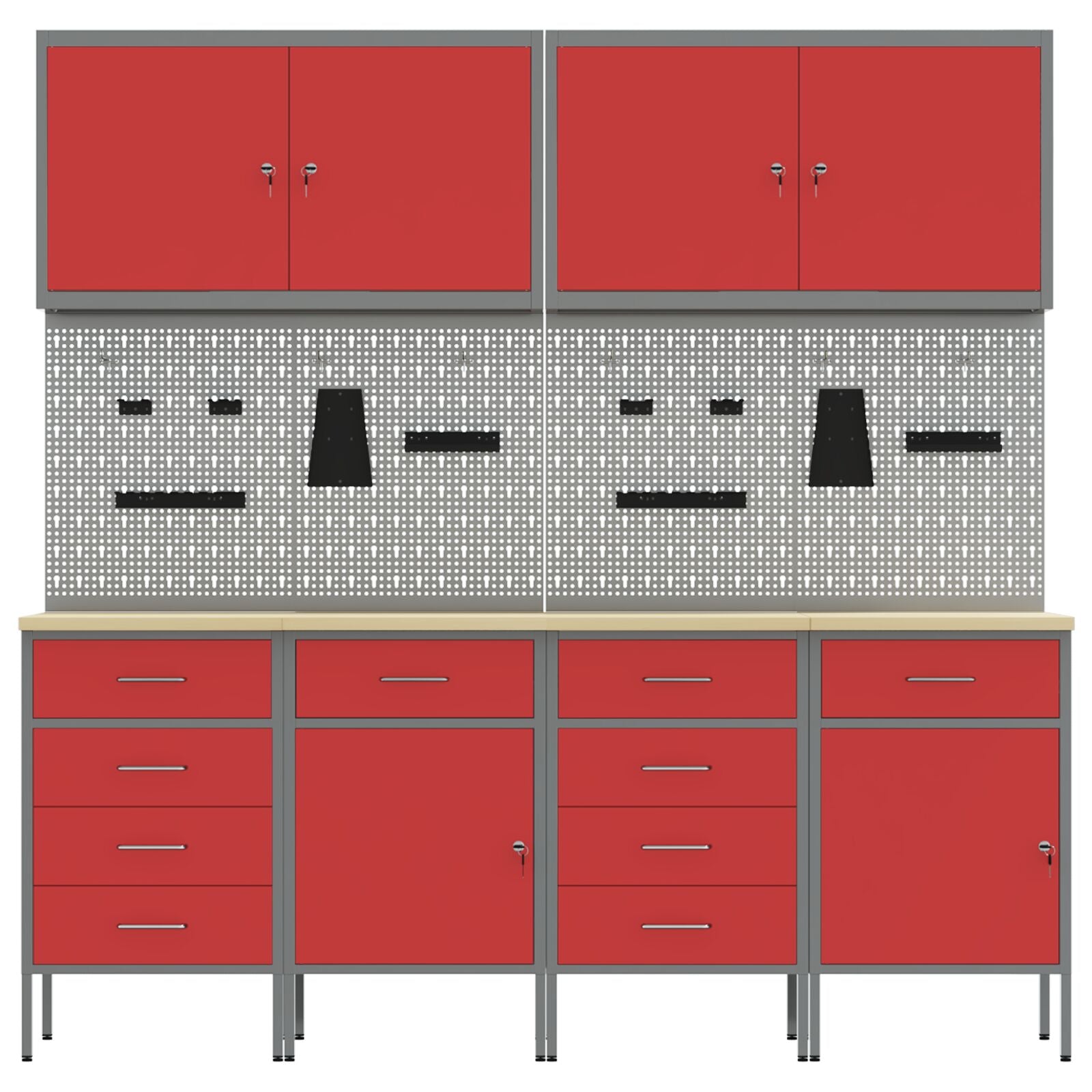 10-Delige Werkcabinet En Pegboard Set Mdf En Metaal 4x (2x84/2x85 cm) Rood 4x kast + 4x gereedschapspaneel + 2x gereedschap kast