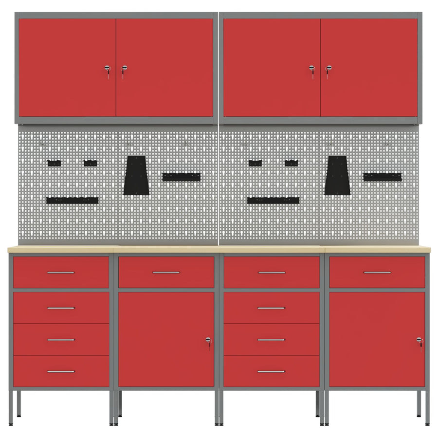 10-Delige Werkcabinet En Pegboard Set Mdf En Metaal 4x (2x84/2x85 cm) Rood 4x kast + 4x gereedschapspaneel + 2x gereedschap kast