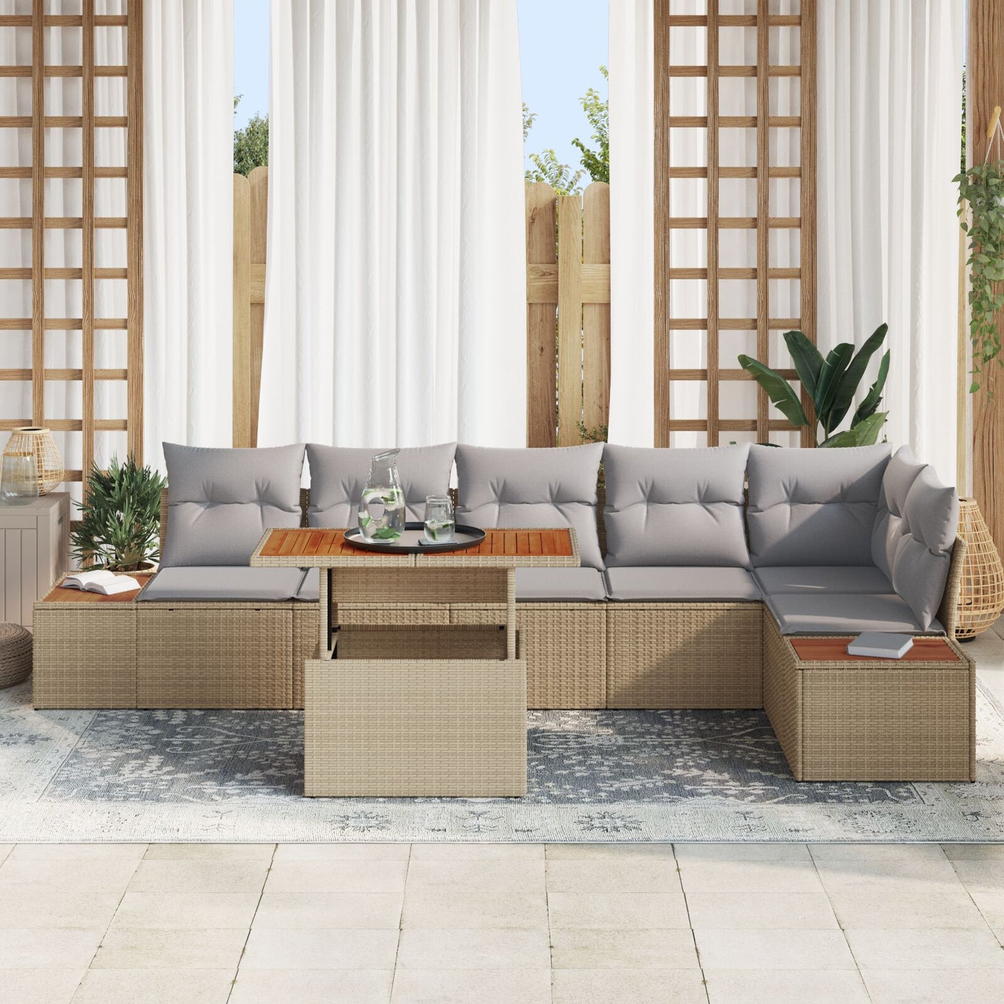 Tuinstoelenset Set Van 7 Beige Rattan Tuinstoelenset