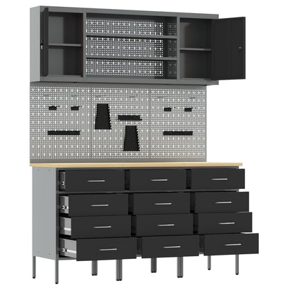7-Delige Werkbank Set Staal 3x (85 cm) Zwart 4x kast + 4x pegboard