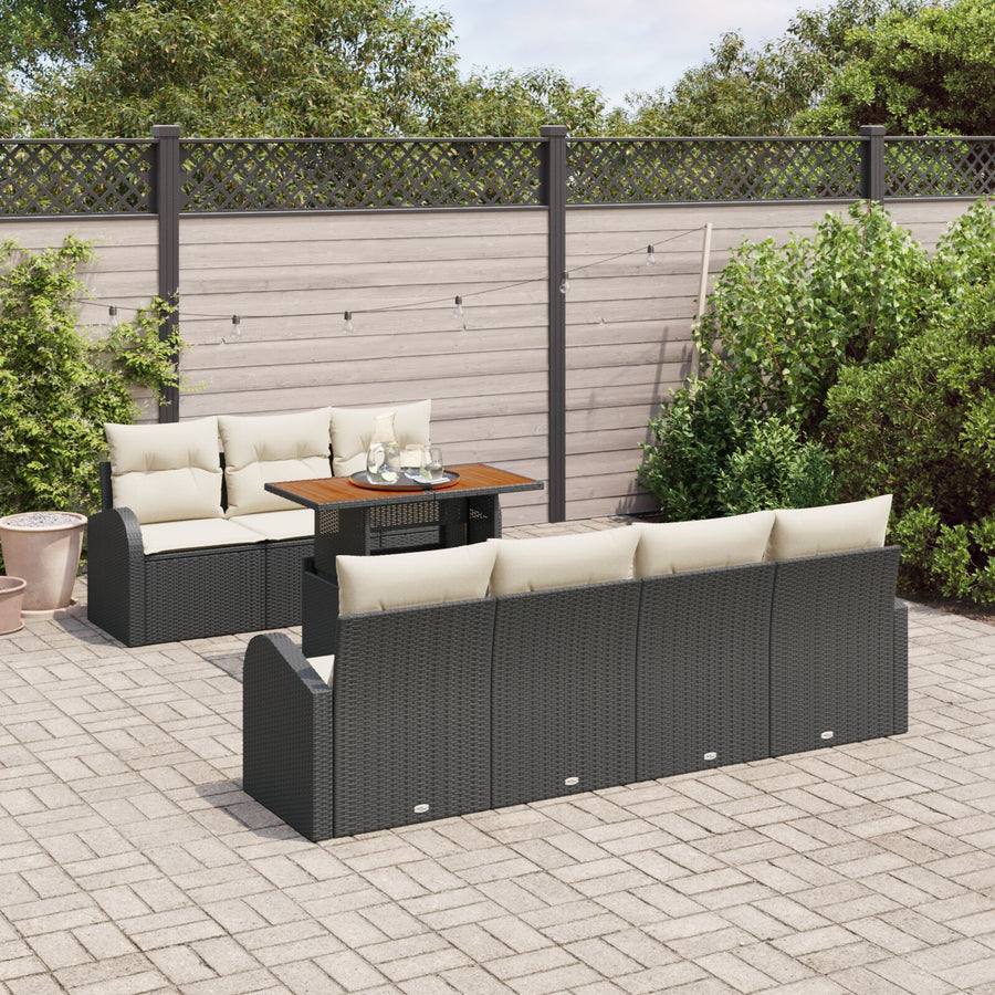 8-Delige Tuin Eetset Met Kussens Zwart Poly Rattan Acacia