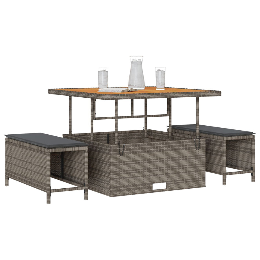 3-Delige Tuin Eetset Met Kussens Poly Rattan Acacia 100 cm Grijs 2 krukken