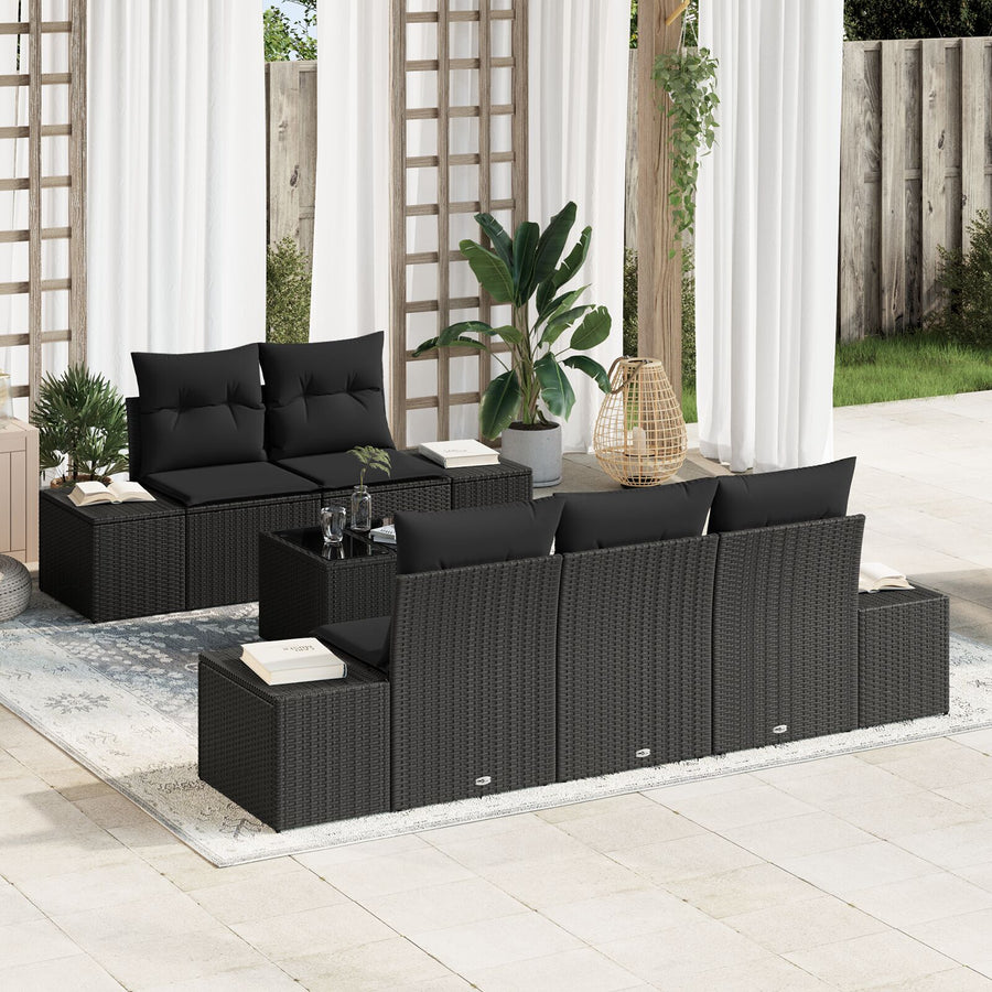 6-Delige Tuin Sofa Set Met Kussens Zwart Poly Rattan