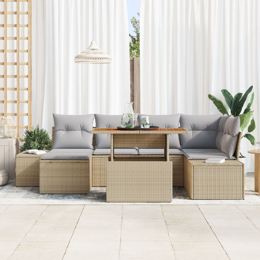 7-Delig Tuin Dining Set Met Kussens Beige Poly Rattan Acacia