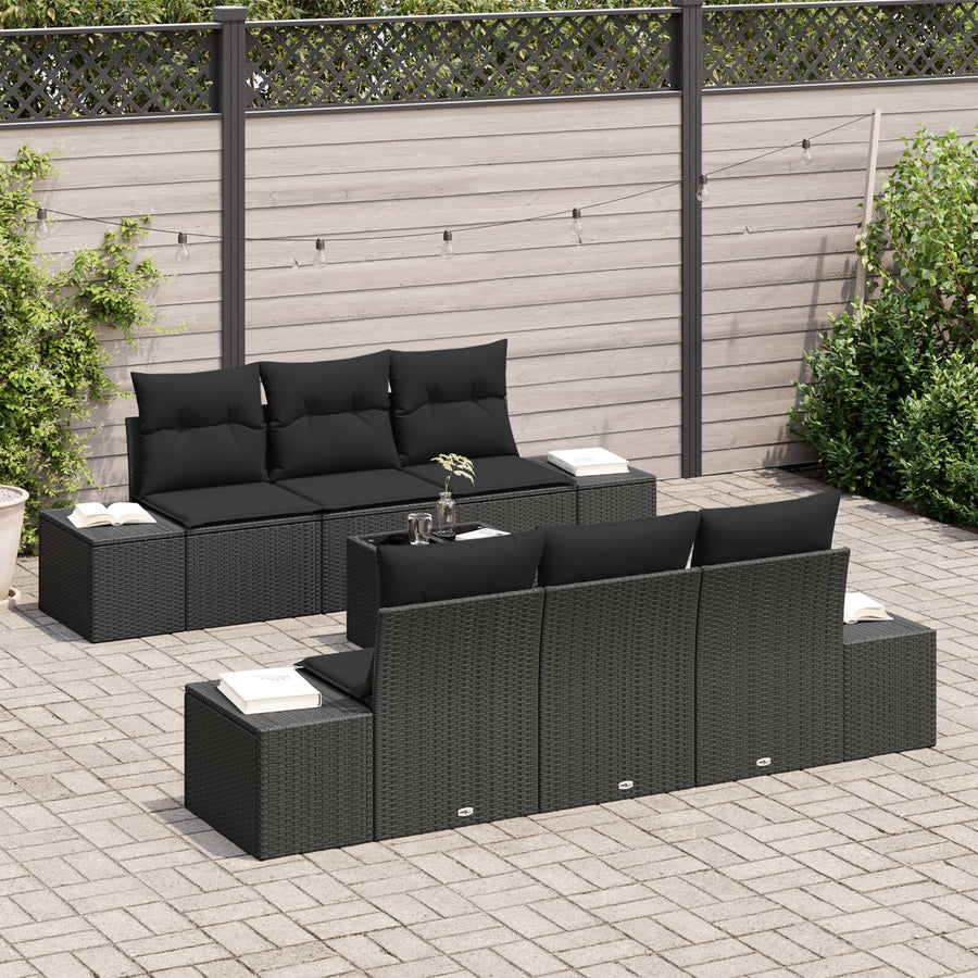 Tuinbank Set 7 Delige Set Zwart Rattan, Polyester Tuinbank Set