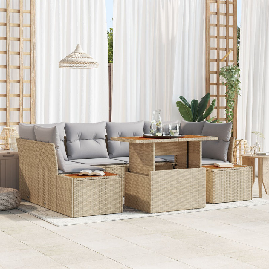 7-Delige Tuin Eetset Met Kussens Beige Poly Rattan Acacia