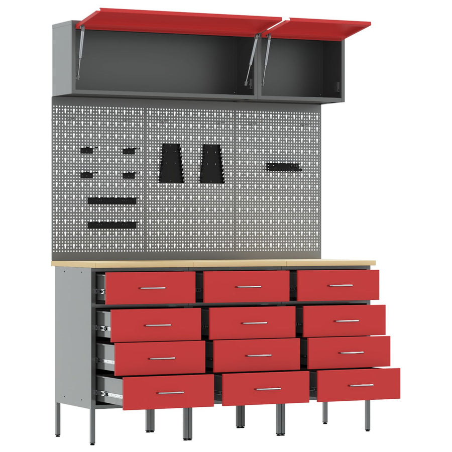 8-Delige Werkbankset Rode Staal 3x (85 cm) Rood 3x kast + 3x pegboard + 2x kast met deur