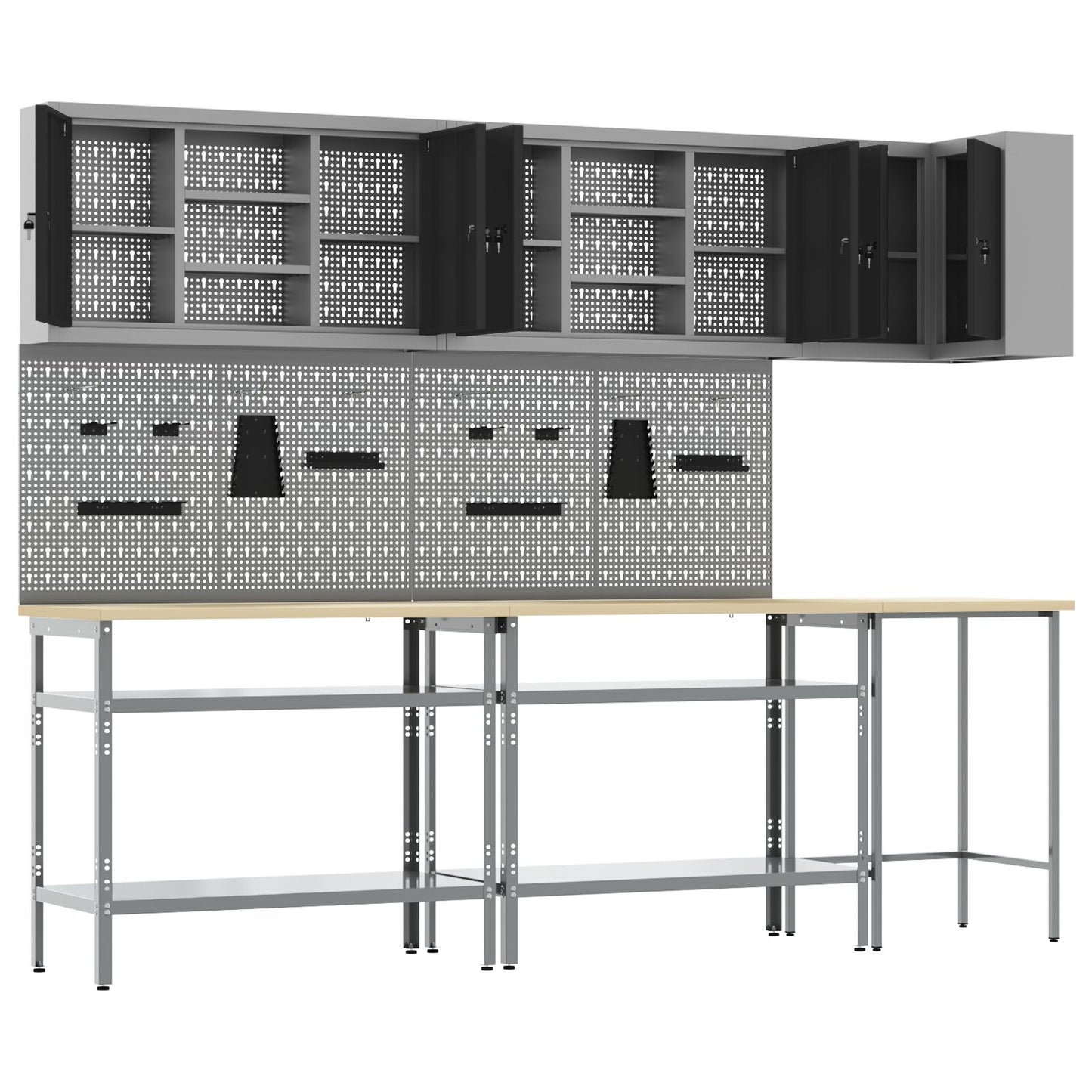 10-Delig Gereedschapsopslagtafelset Geperst Hout En Metaal 100 cm cabinet met pegboard Zwart 3x tafel + 4x cabinet + 6x pegboard