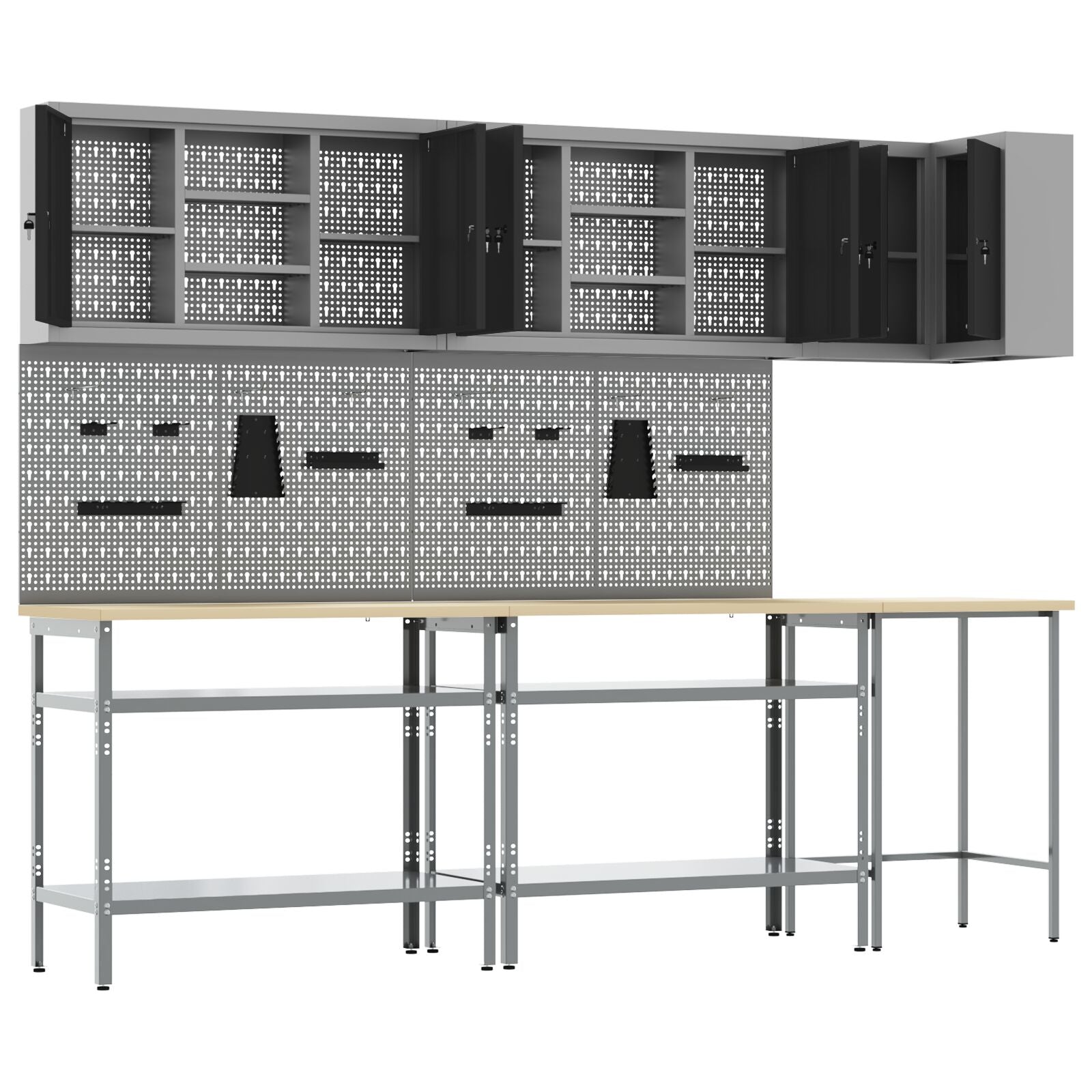 10-Delig Gereedschapsopslagtafelset Geperst Hout En Metaal 100 cm cabinet met pegboard Zwart 3x tafel + 4x cabinet + 6x pegboard