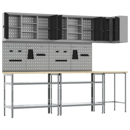 10-Delig Gereedschapsopslagtafelset Geperst Hout En Metaal 100 cm cabinet met pegboard Zwart 3x tafel + 4x cabinet + 6x pegboard