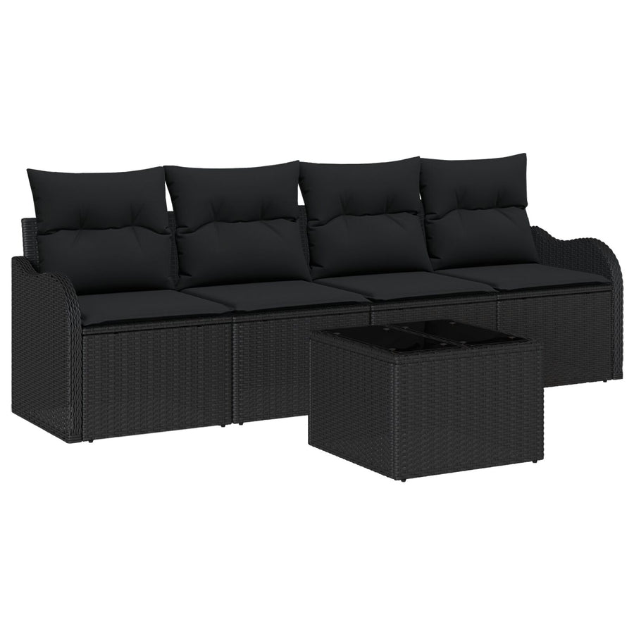 5-delig Tuin Sofa Set met Kussens Zwart Poly Rattan, vidaXL 2-Zits Tuin Sofa met Kussens Zwart Poly Rattan