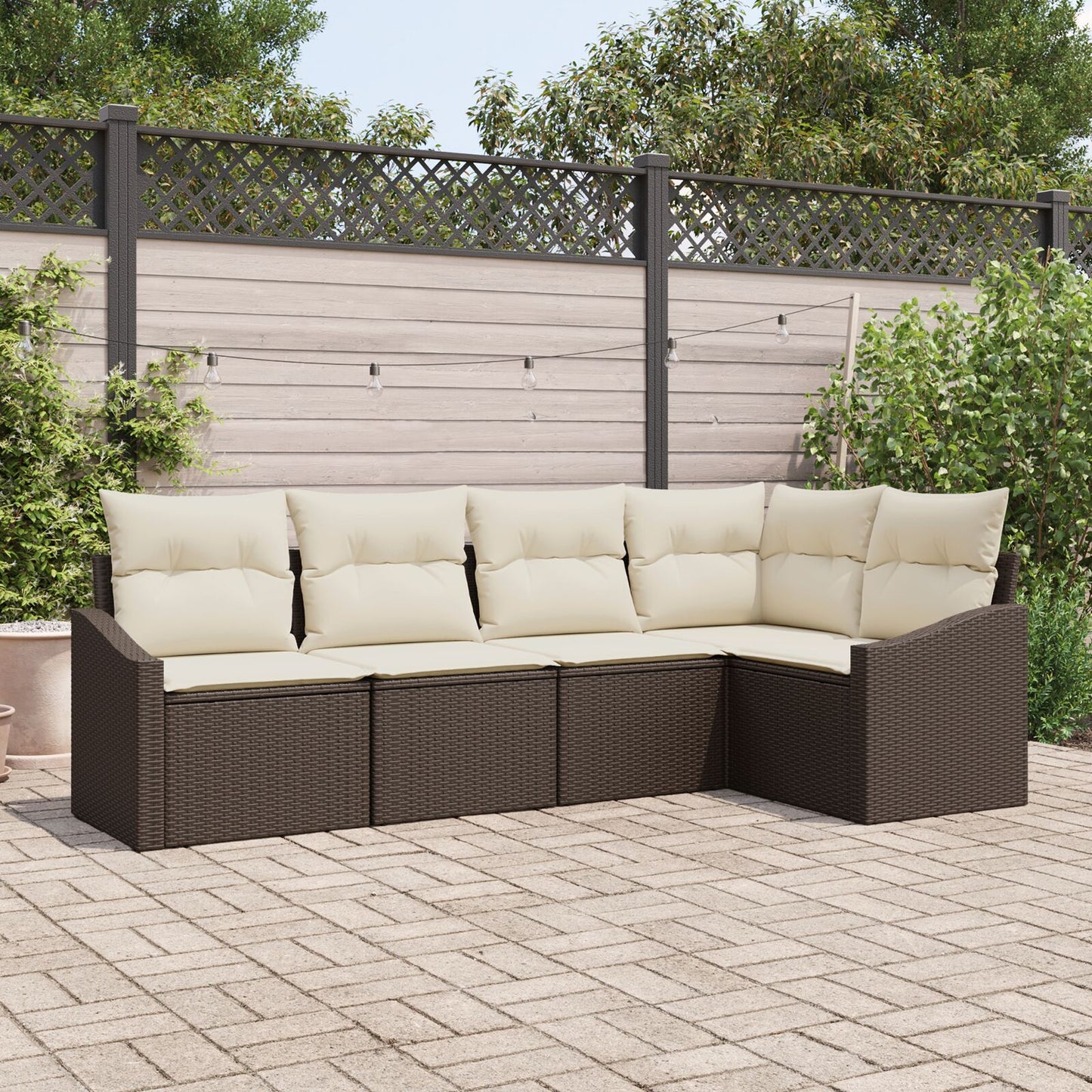 Tuin Sofa Set Set Van 5 Bruin, Crème Riet, Polyester