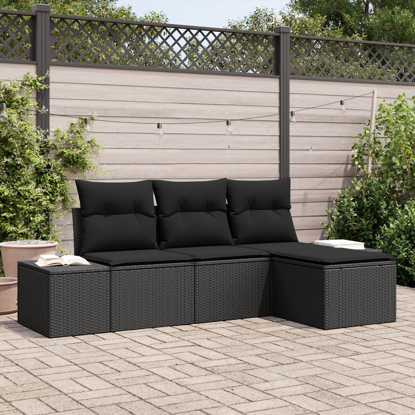 4 Delige Tuin Sofa Set Met Kussens Zwart Poly Rattan