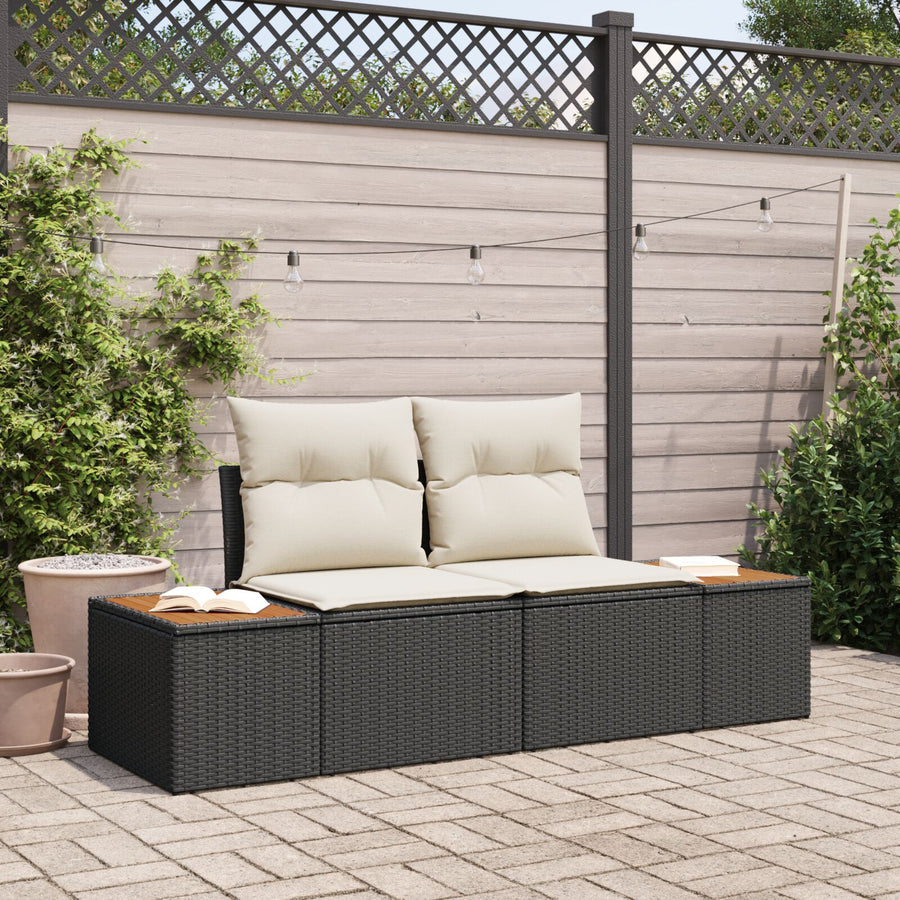 2-Zits Tuinbank Met Kussens Poly Rattan Zwart en crème zonder opbergruimte
