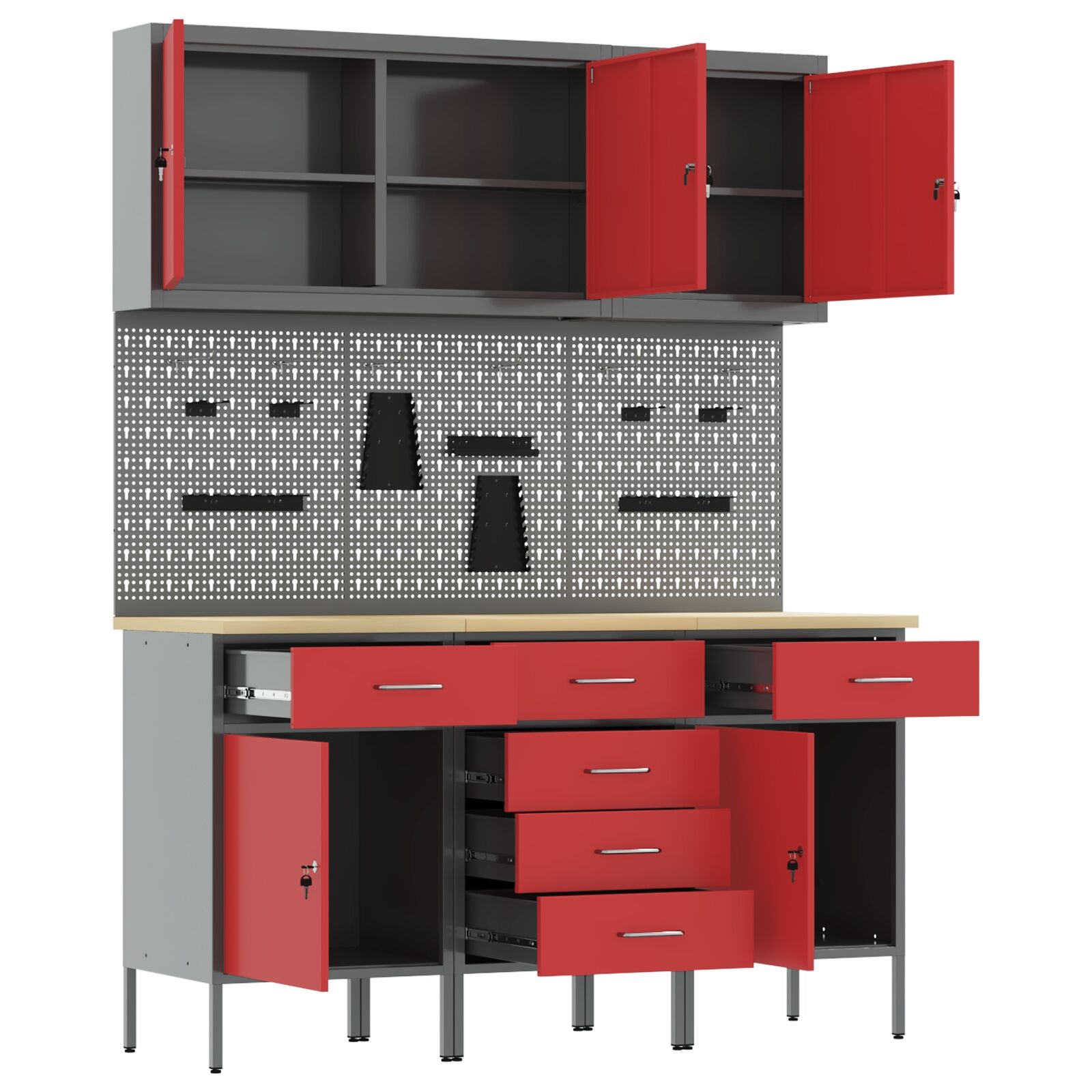 8-Delige Werkbankset Rode Staal 3x (84/84/85 cm) Rood 3x kast + 3x pegboard + 2x gereedschapskast