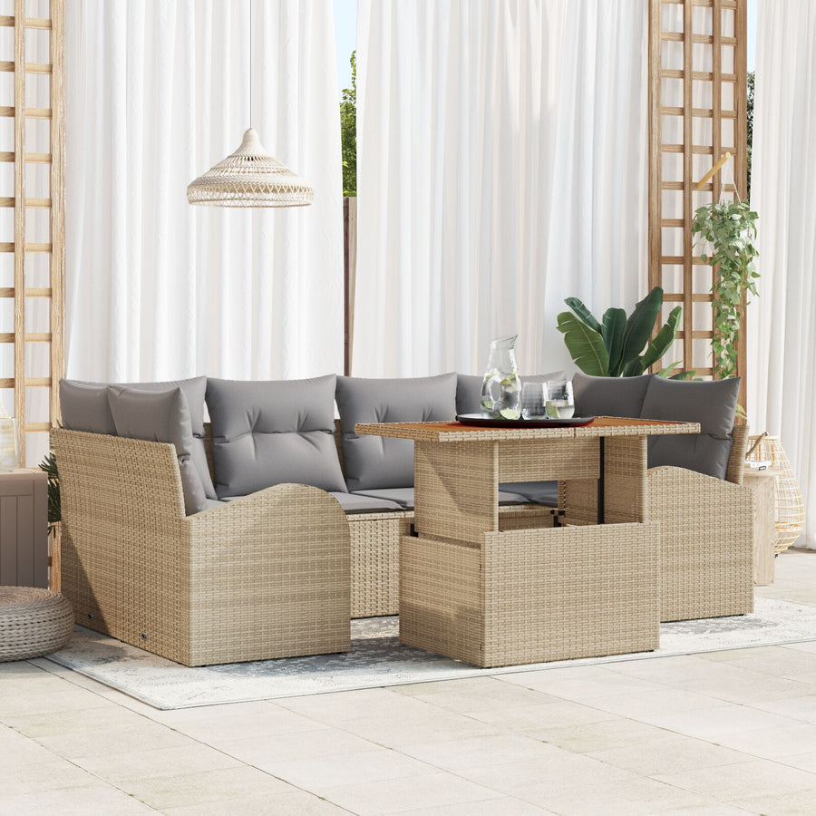 7 Delige Tuin Eethoek Met Kussens Beige Poly Rattan Acacia