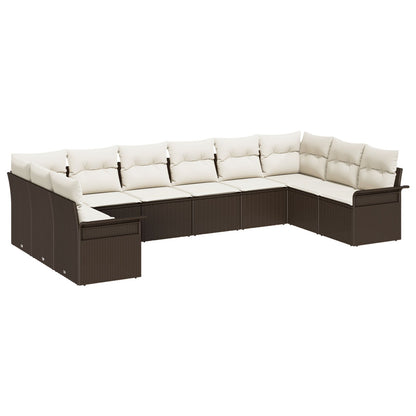 10-Delig Tuinbankstel Met Kussens Bruin Poly Rattan