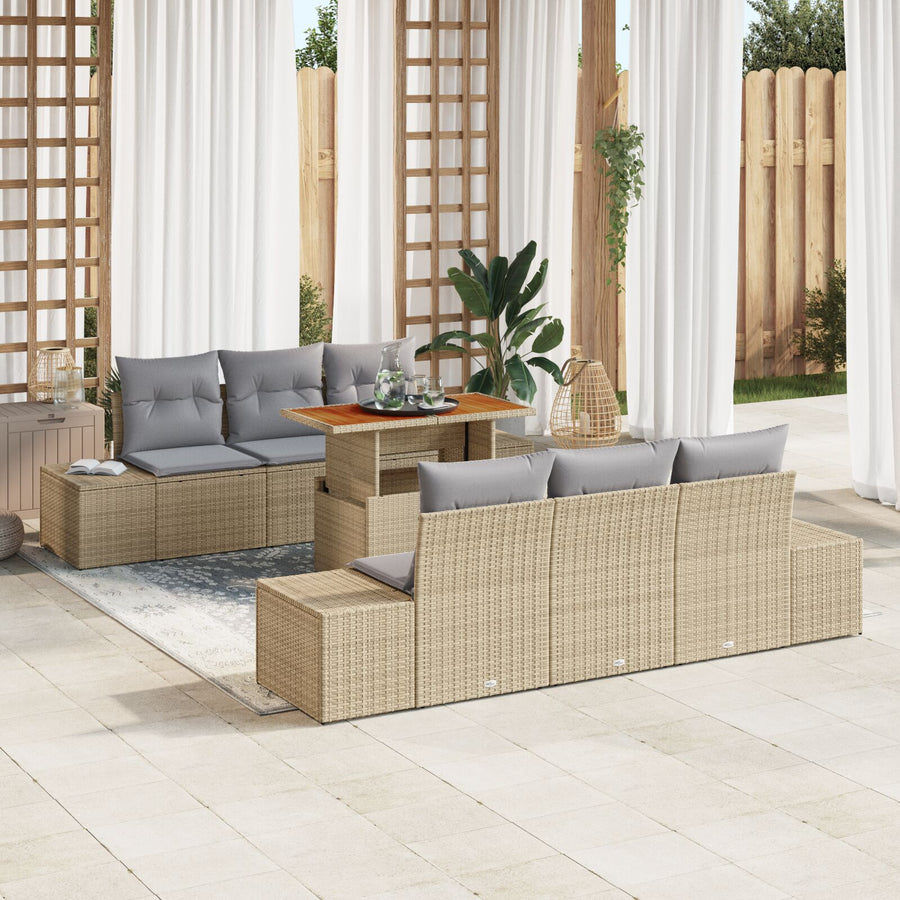 Tuin Sofa Set Set Van 7 Beige Riet Buiten Tafel Rechthoekig