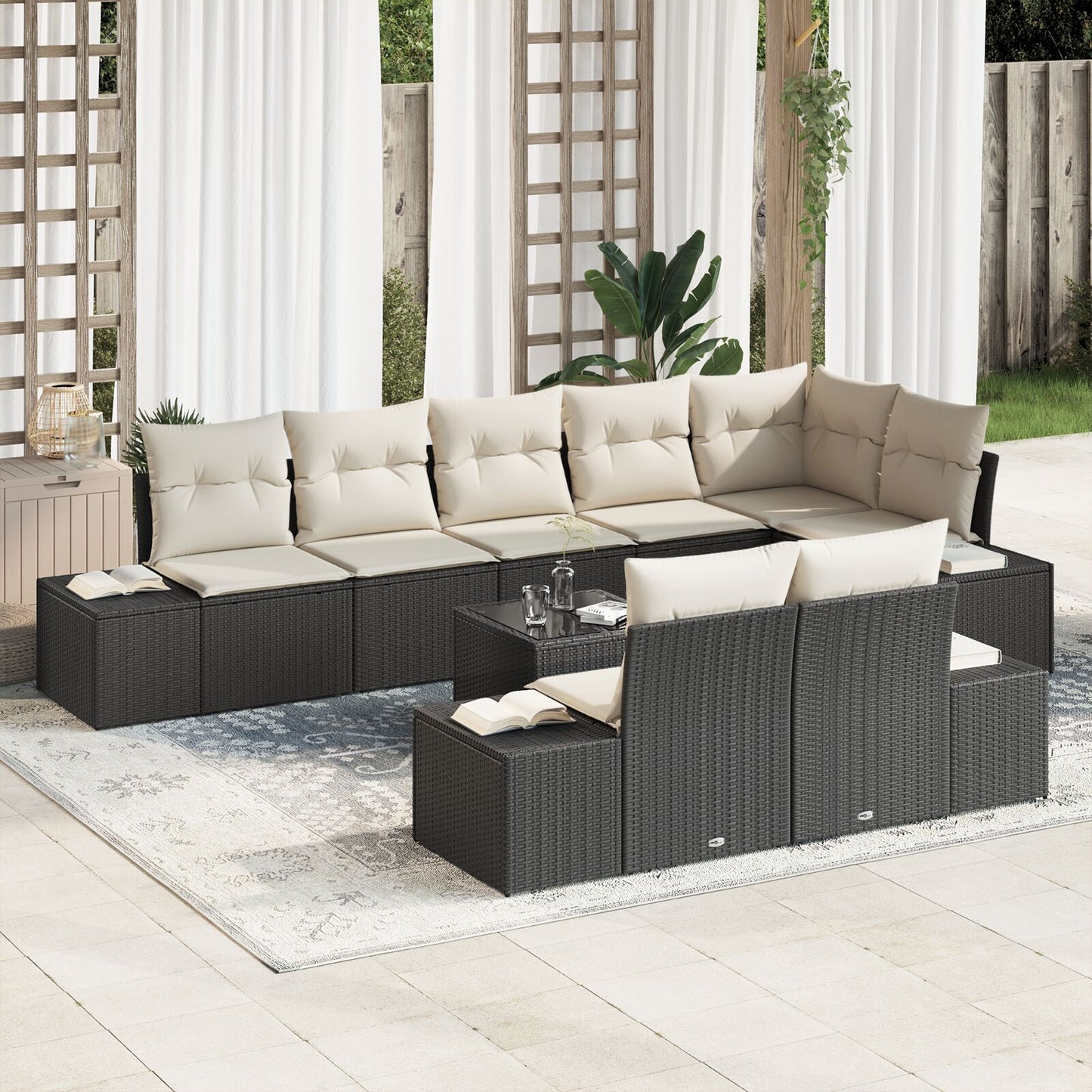 8-Delige Tuinsofa Set Met Kussens Bruin Poly Rieten Zwart en crème met tafel