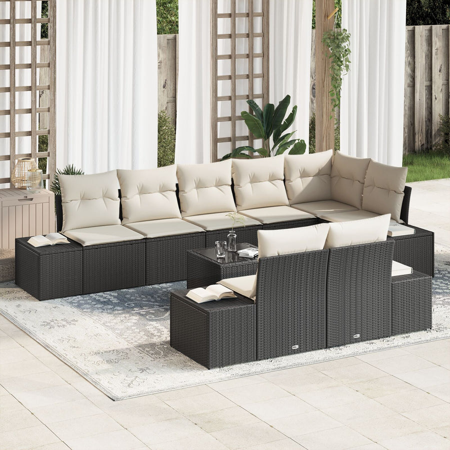 8-Delige Tuinsofa Set Met Kussens Bruin Poly Rieten Zwart en crème met tafel