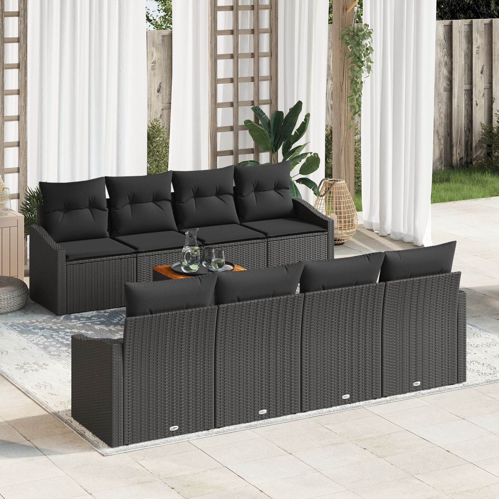 9-Delige Tuinbankset Met Kussens Zwart Poly Rattan Acacia