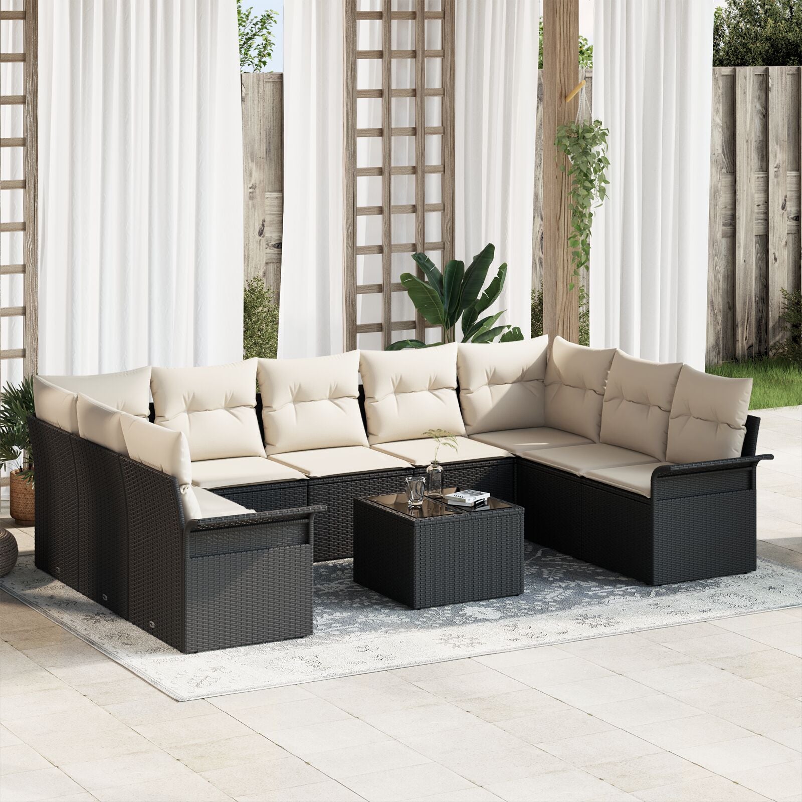 9 Delige Tuin Sofa Set Met Kussens Bruin Poly Rattan Zwart en crème met tafel