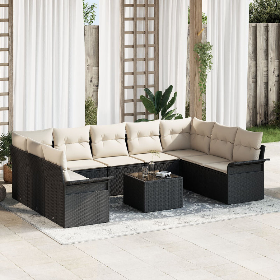 9 Delige Tuin Sofa Set Met Kussens Bruin Poly Rattan Zwart en crème met tafel