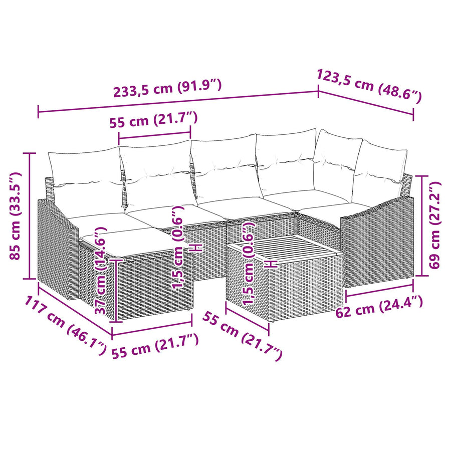7 Delige Tuin Sofa Set Met Kussens Beige Poly Rattan Acacia