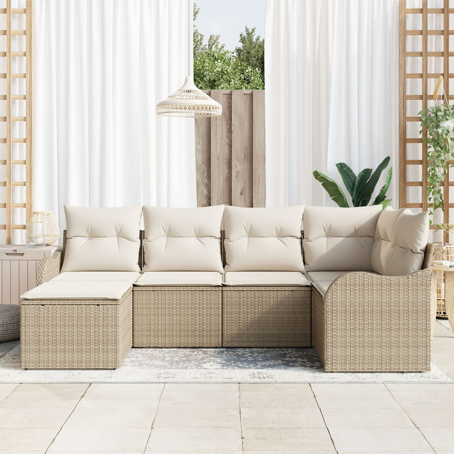 6-Delige Tuin Sofa Set Met Kussens Beige Poly Rattan, 2-Zits Tuin Sofa Met Opslag & Kussens Beige Poly Rattan Gegalvaniseerd Staal