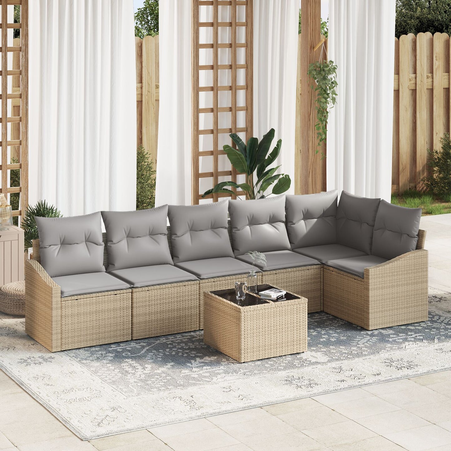 7-Delige Tuin Sofa Set Met Kussens Zwart Poly Riet Beige en grijs met tafel