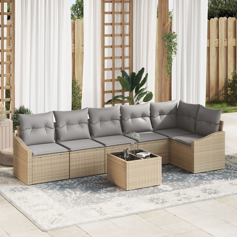 7-Delige Tuin Sofa Set Met Kussens Zwart Poly Riet Beige en grijs met tafel