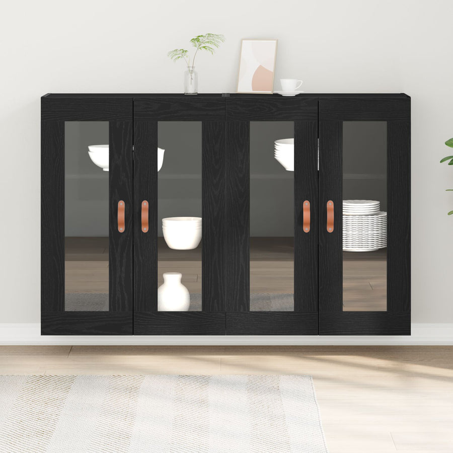 Wandkast Set Van 2 Zwart Eiken Massief Hout, Glas