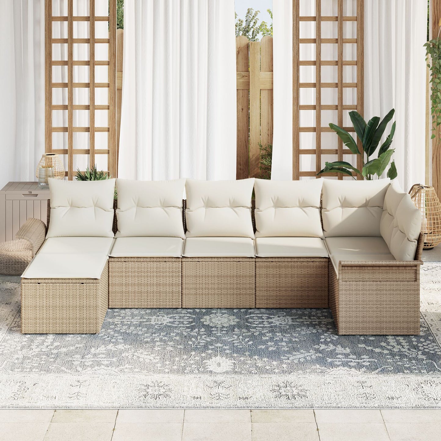 7-Delige Tuin Sofa Set Met Kussens Beige Poly Rieten