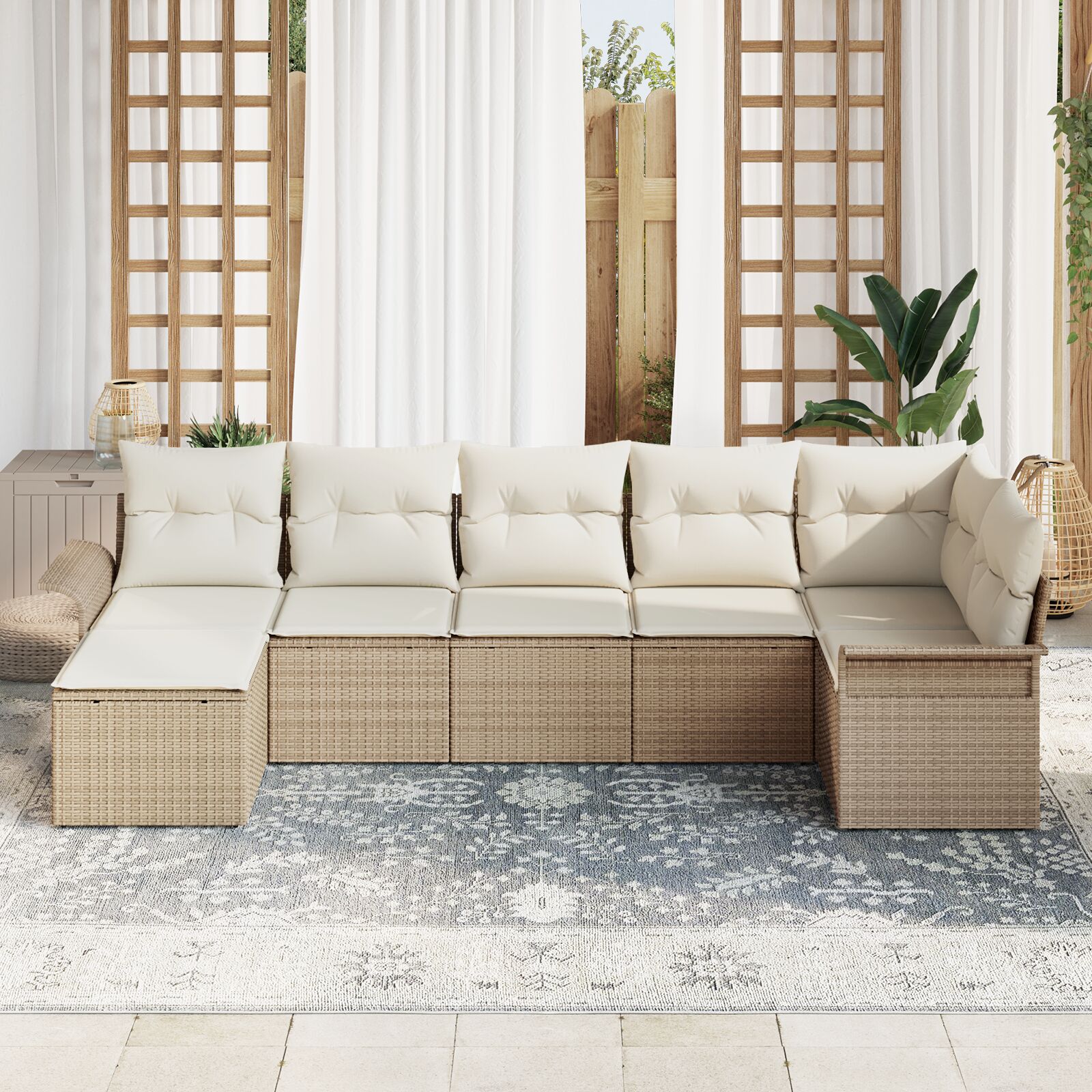 7-Delige Tuin Sofa Set Met Kussens Beige Poly Rieten