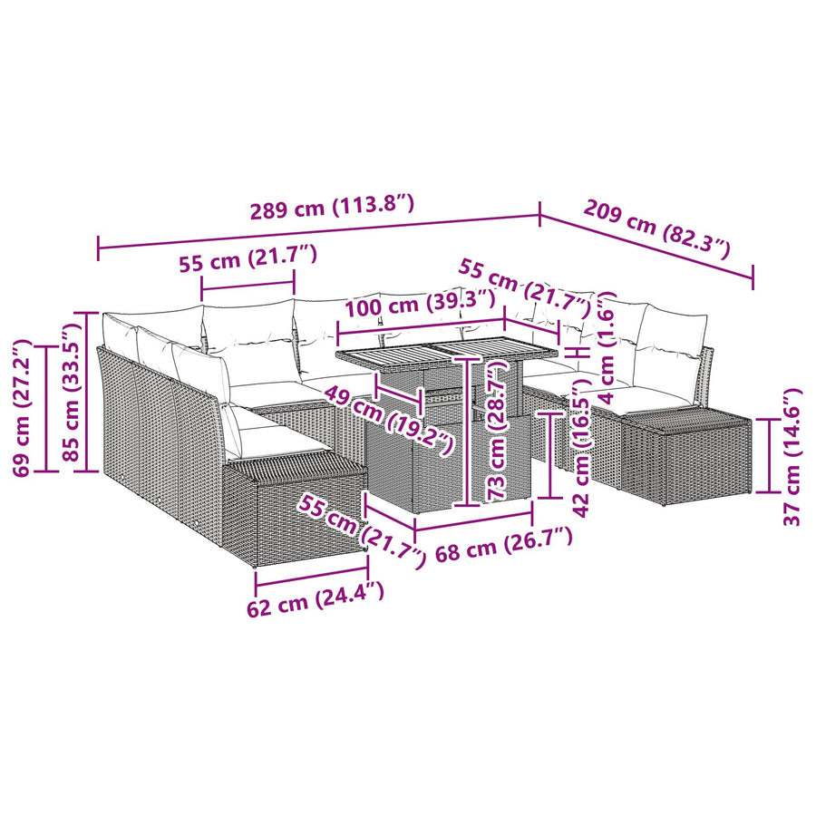 Tuin Sofa Set Set Van 10 Zwart Riet, Aluminium Tuin Eetset