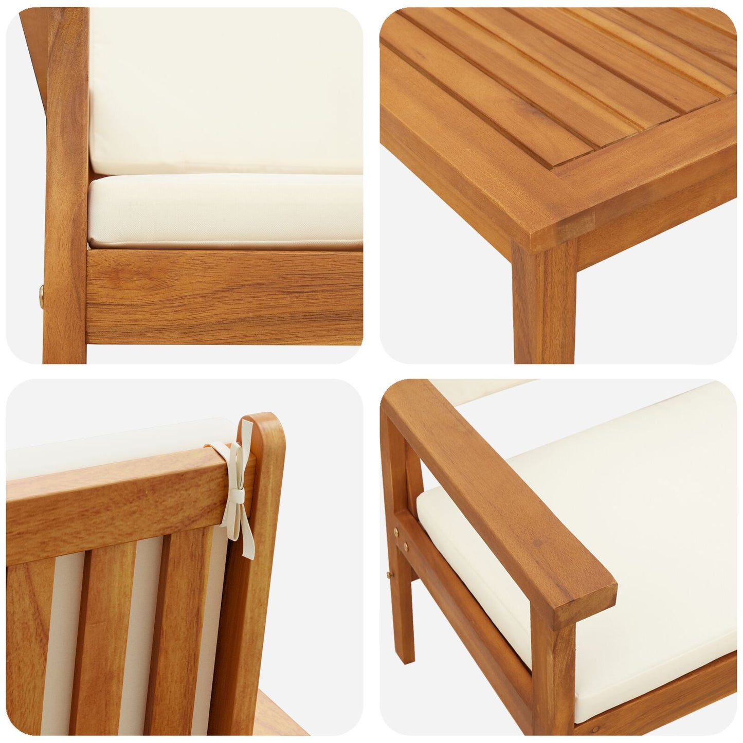 3-Delige Tuin Bistroset Met Kussens Van Massief Acaciahout Crèmewit Tafel + 2 stoelen