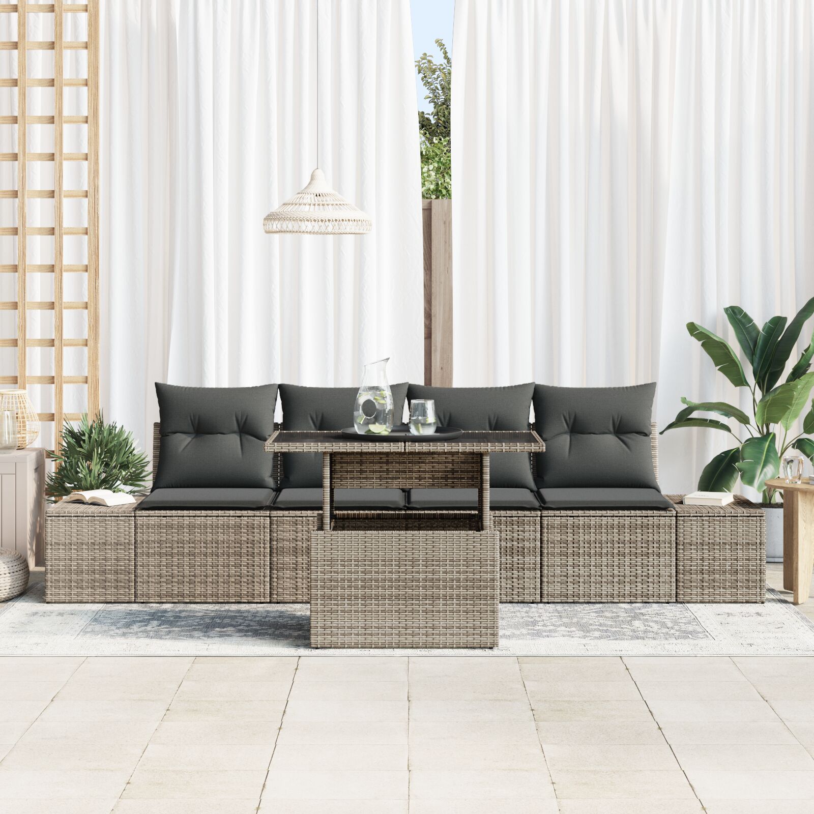 Tuin Sofa Set Set Van 5 Grijs Rattan, Polyester Tuin Sofa Set