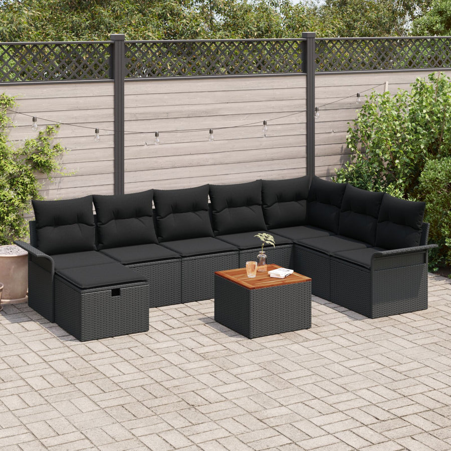 9-Delige Tuin Sofa Set Met Kussens Zwart Poly Rattan
