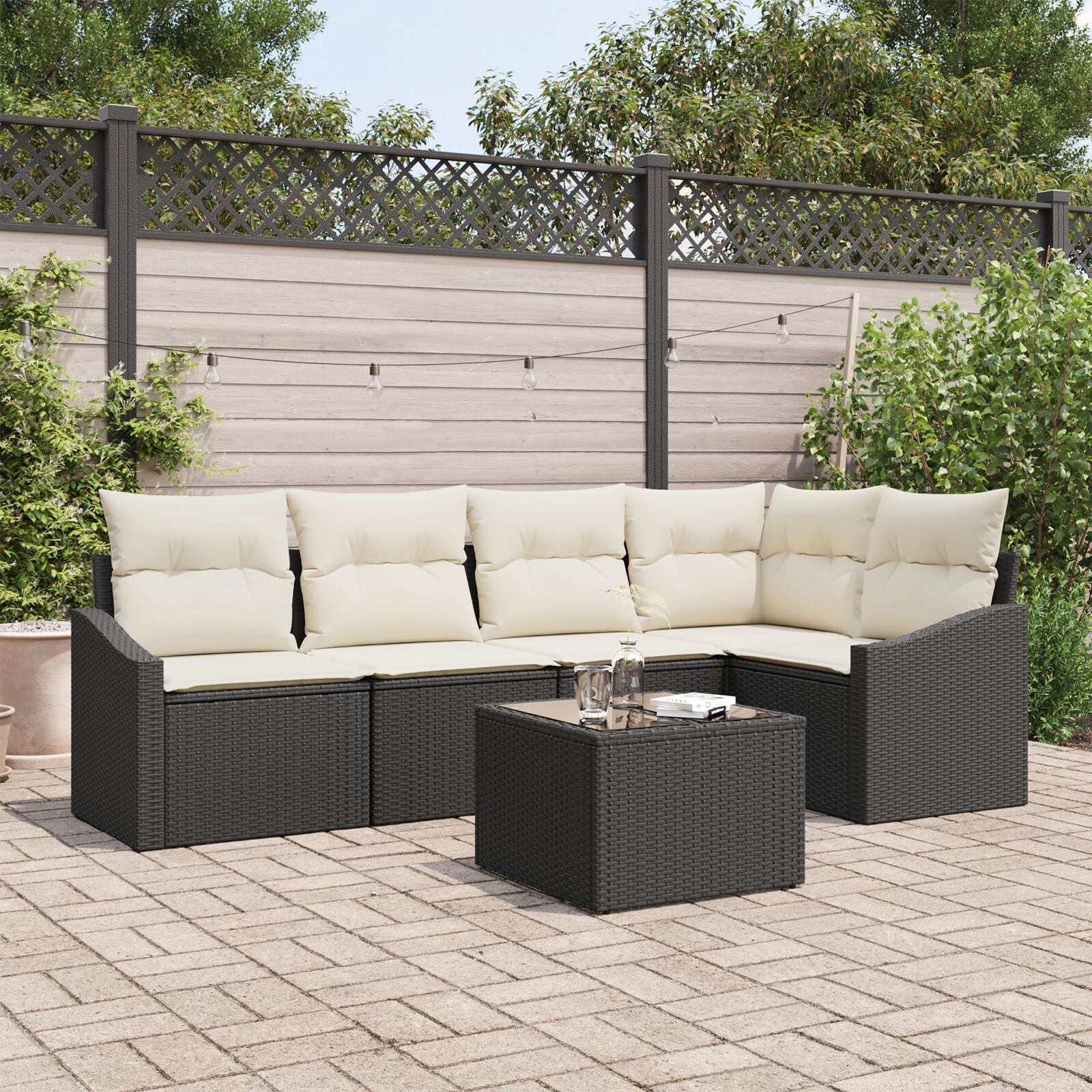 5-Delige Tuinsofa Set Met Kussens Bruin Poly Rattan Zwart en crème met tafel