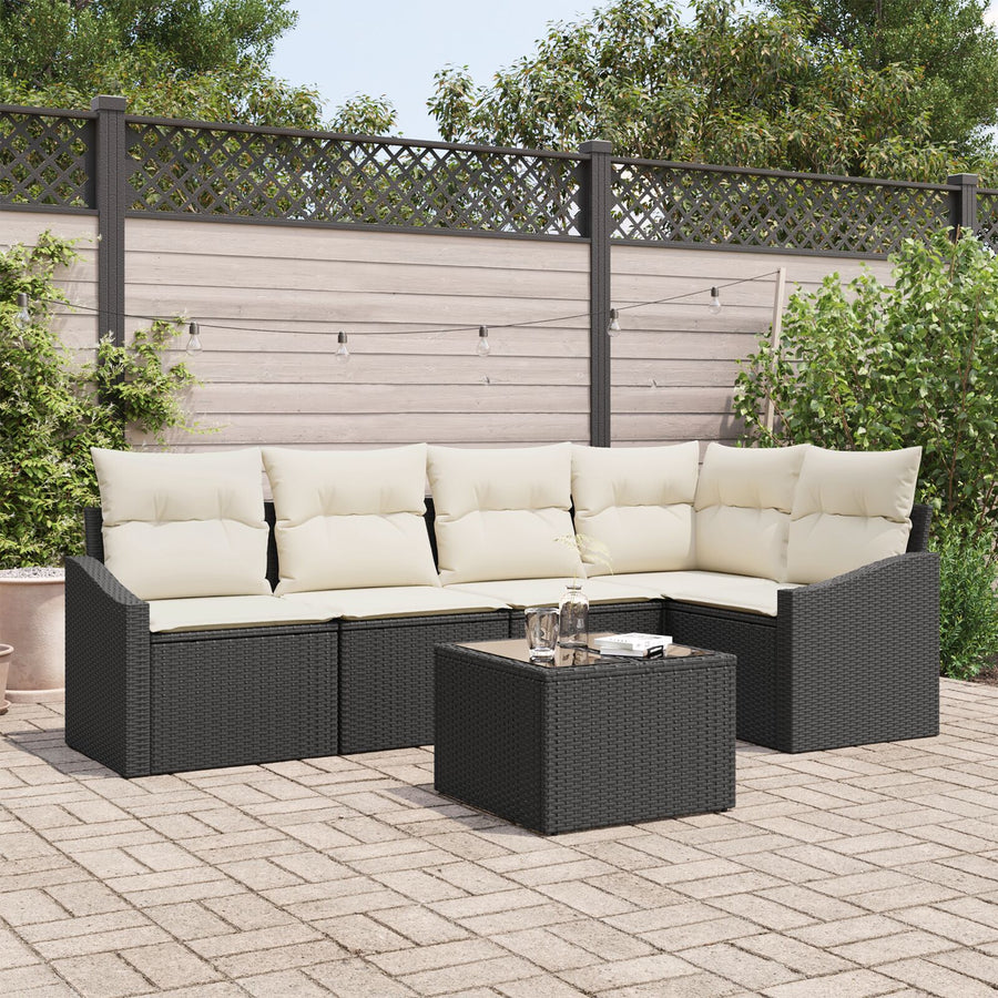 5-Delige Tuinsofa Set Met Kussens Bruin Poly Rattan Zwart en crème met tafel