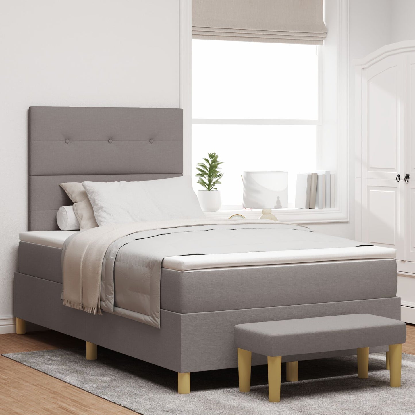 Boxspring Bed Met Matras & Bank Stof Taupe 120 x 200 cm Geknoopte knoopverdeling