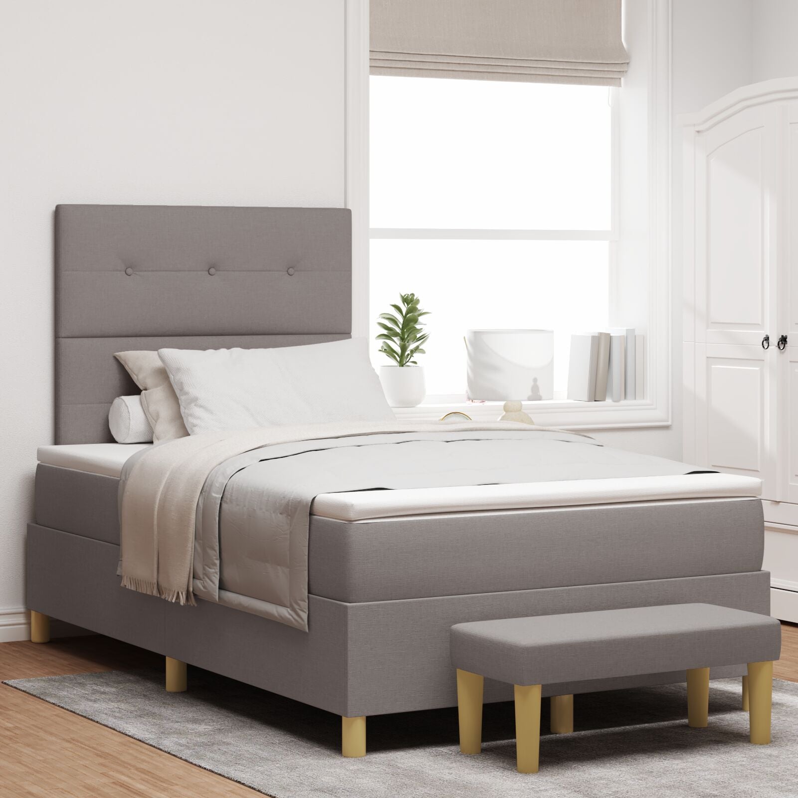 Boxspring Bed Met Matras & Bank Stof Taupe 120 x 200 cm Geknoopte knoopverdeling