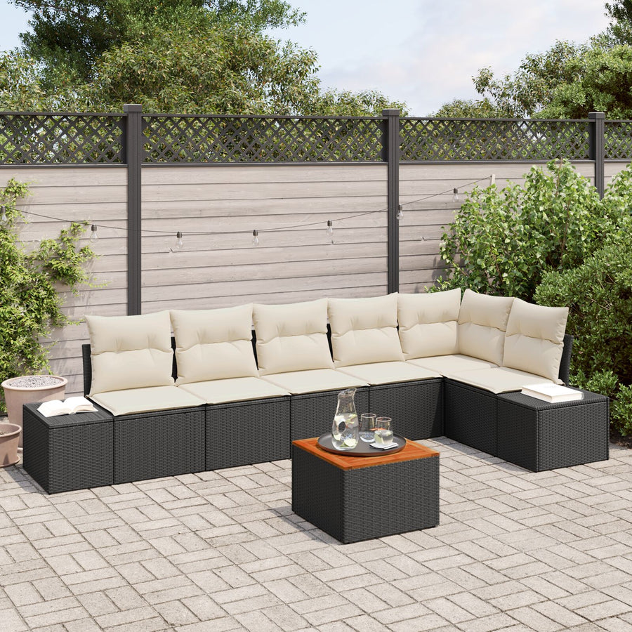 7-Delige Tuin Sofa Set Met Kussens Zwart Poly Rattan Acacia