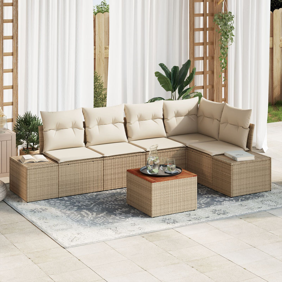 6 Delige Tuin Sofa Set Met Kussens Beige Poly Rattan Acacia