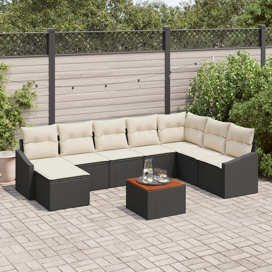 9 Delige Tuin Sofa Set Met Kussens Zwart Poly Rattan Acacia