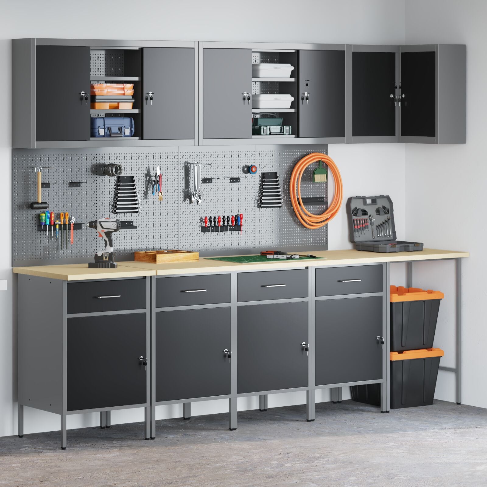 12-Delige Werkplaatskast En Pegboard Set Mdf En Metaal 4x (84 cm) Zwart Tafel + 7x kast + 6x pegboard