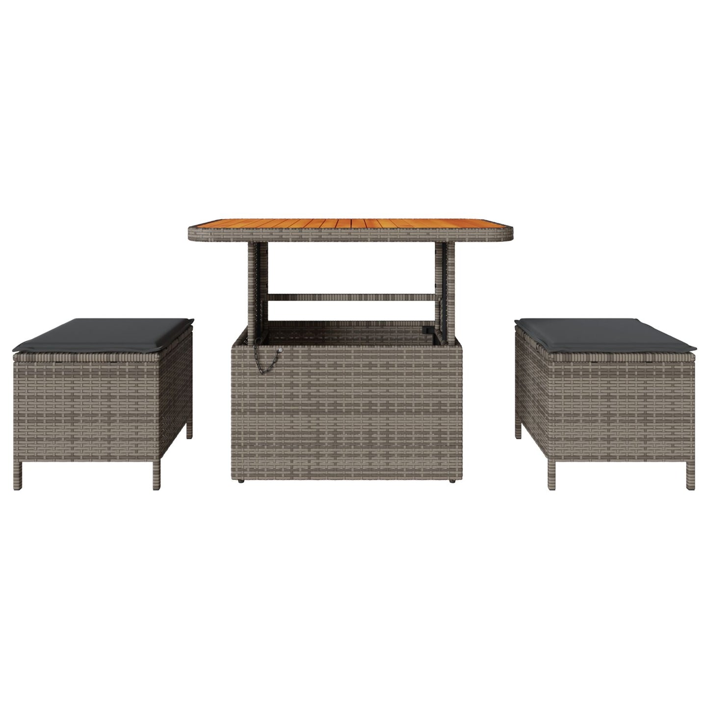3-Delige Tuin Eetset Met Kussens Poly Rattan Acacia 90 cm Grijs 2 krukken